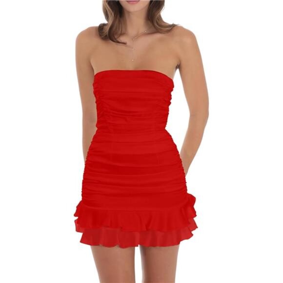 Women's Sexy Tube Top Bodycon Mini Dress Red - Picture 1 of 6
